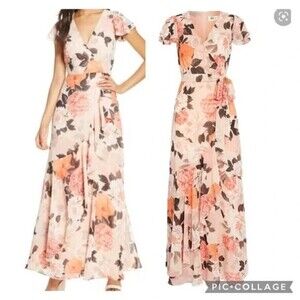 Eliza J Women Size 4 Peach Pink Floral Faux Wrap Ruffled Short Sleeve Maxi Dress
